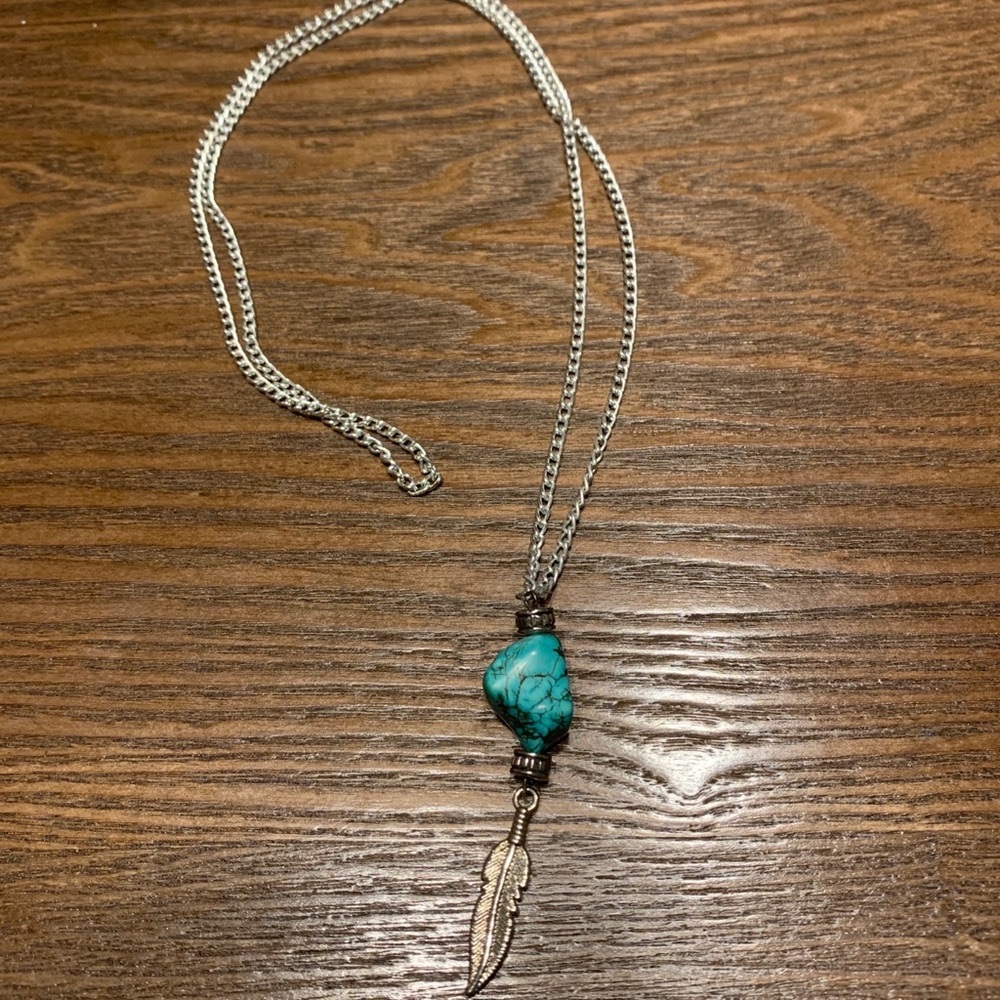 Long Silver And Turquoise Drop Dangle Necklace 24" ONE OF A KIND HANDMADE NWOT
